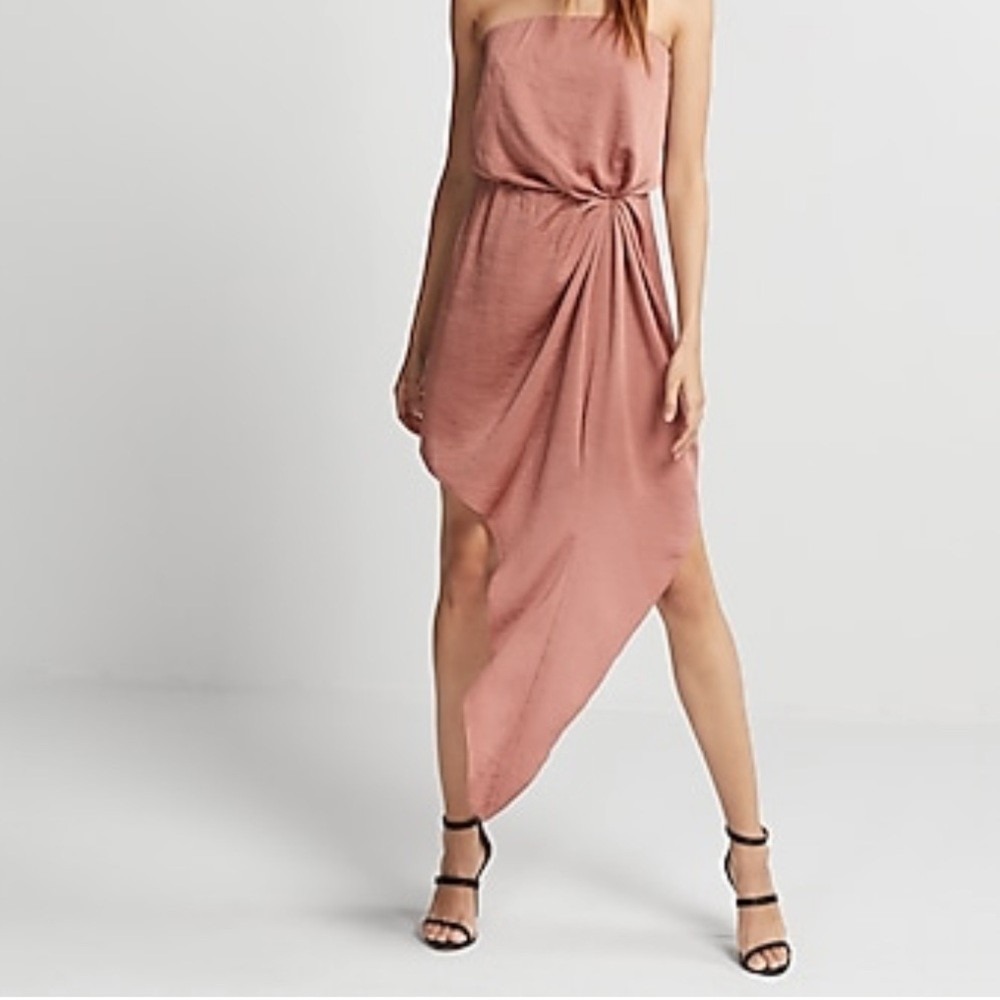 Express Strapless Dress‎ Womens L Rust Asymmetrical Twist Front Silky 07921664